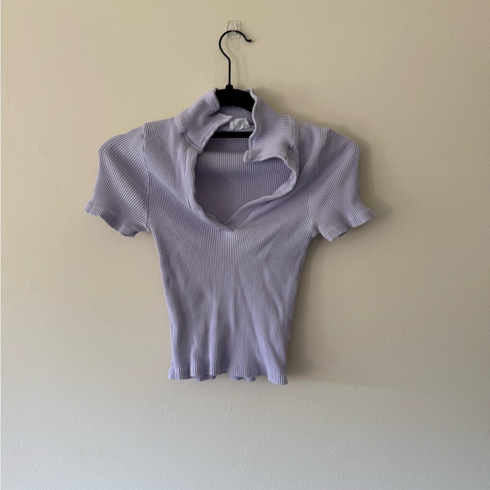 Cotton On Lavender Ribbed Short Sleeve Top with Cutout Collar